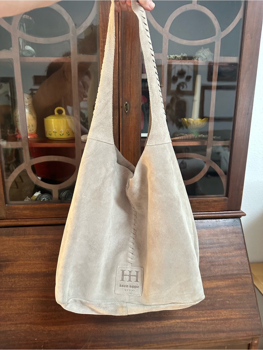 Haute Hippie Grey/Beige Suede Shoulder Hobo Bag